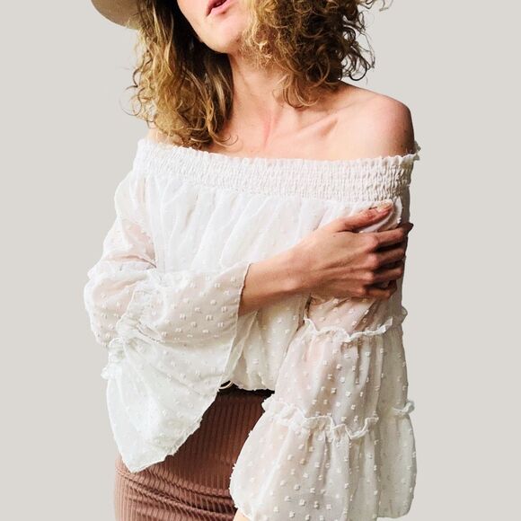 HL Affair NY Off Shoulder Swiss Dot White Blouse Size M/L MSRP‎ $188 - Picture 4 of 6